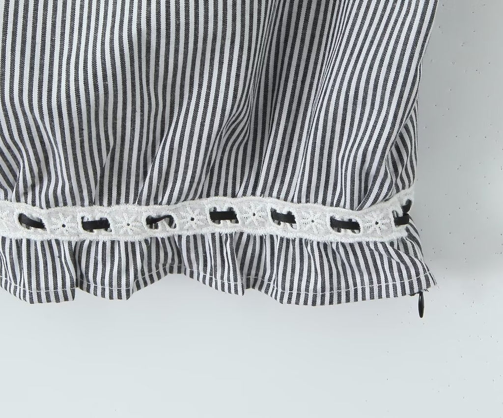 Women's French Lace Striped Short Top and Skirt Two-Piece Set