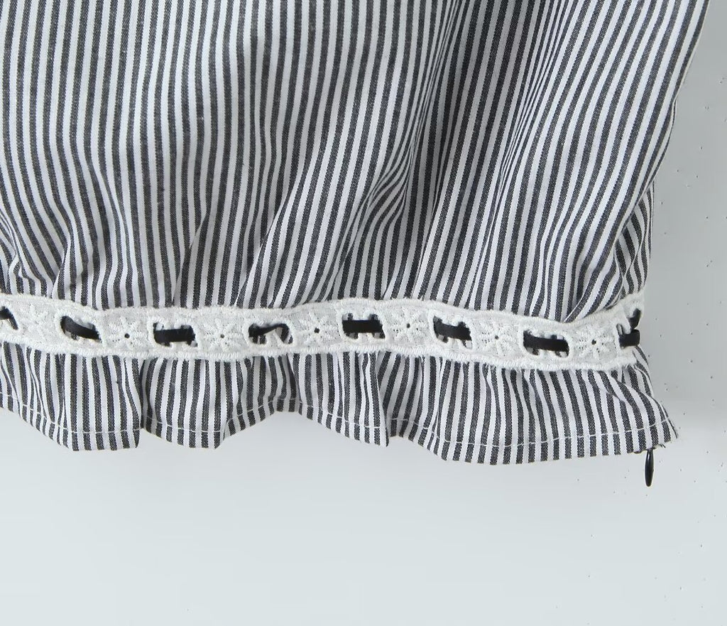 Women's French Lace Striped Short Top and Skirt Two-Piece Set