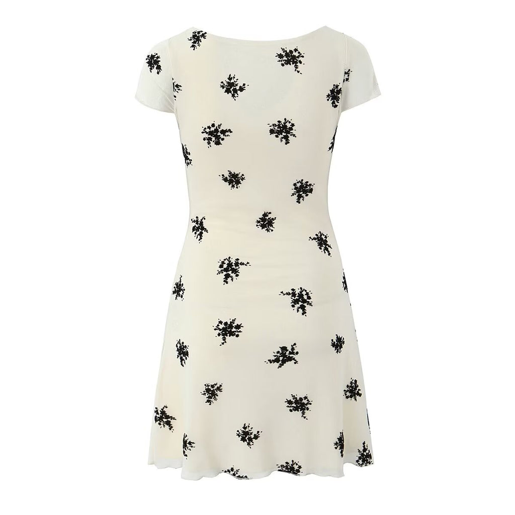 French Mesh Floral Print Short Retro V Neck Bow Slim Sleeveless