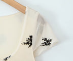 French Mesh Floral Print Short Retro V Neck Bow Slim Sleeveless