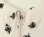 French Mesh Floral Print Short Retro V Neck Bow Slim Sleeveless