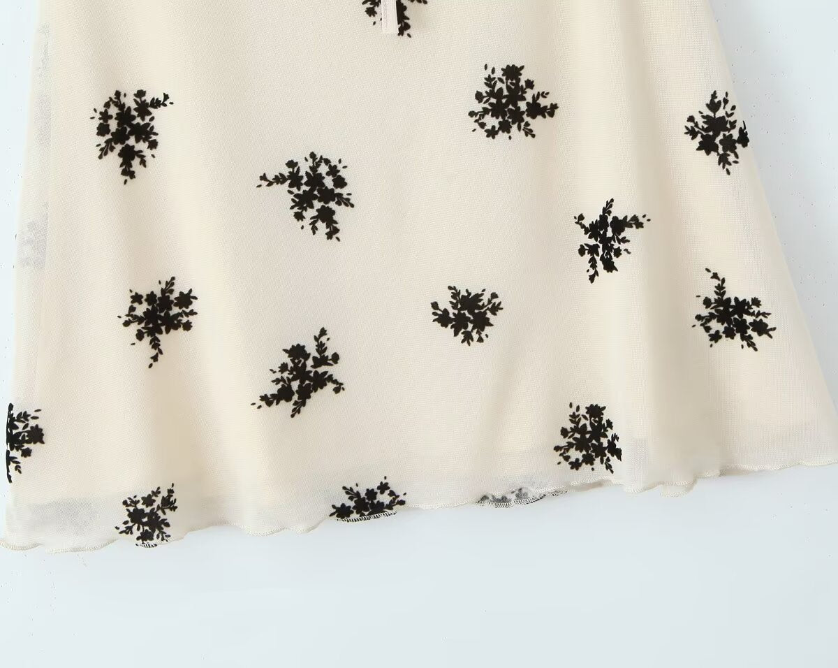 French Mesh Floral Print Short Retro V Neck Bow Slim Sleeveless