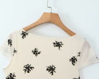 French Mesh Floral Print Short Retro V Neck Bow Slim Sleeveless