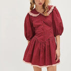 Women's Red French Peter Pan Collar Lace-Up Dress