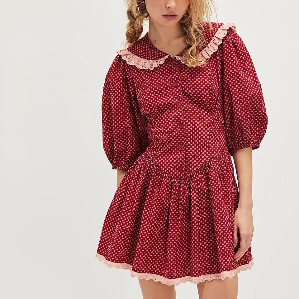 Women's Red French Peter Pan Collar Lace-Up Dress