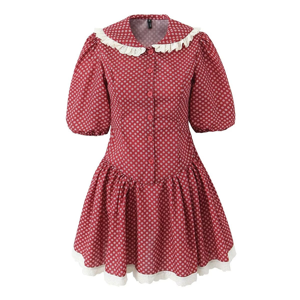 Women's Red French Peter Pan Collar Lace-Up Dress