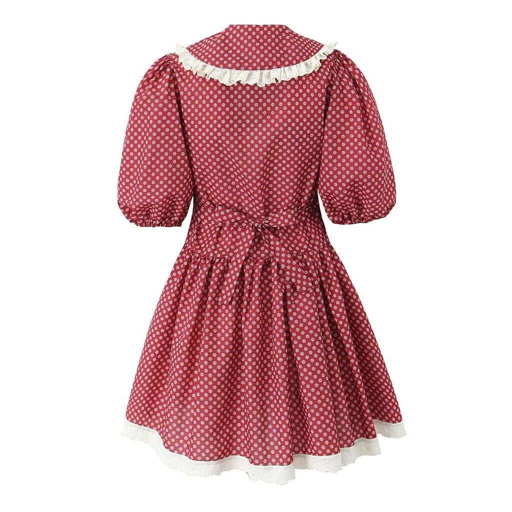 Women's Red French Peter Pan Collar Lace-Up Dress