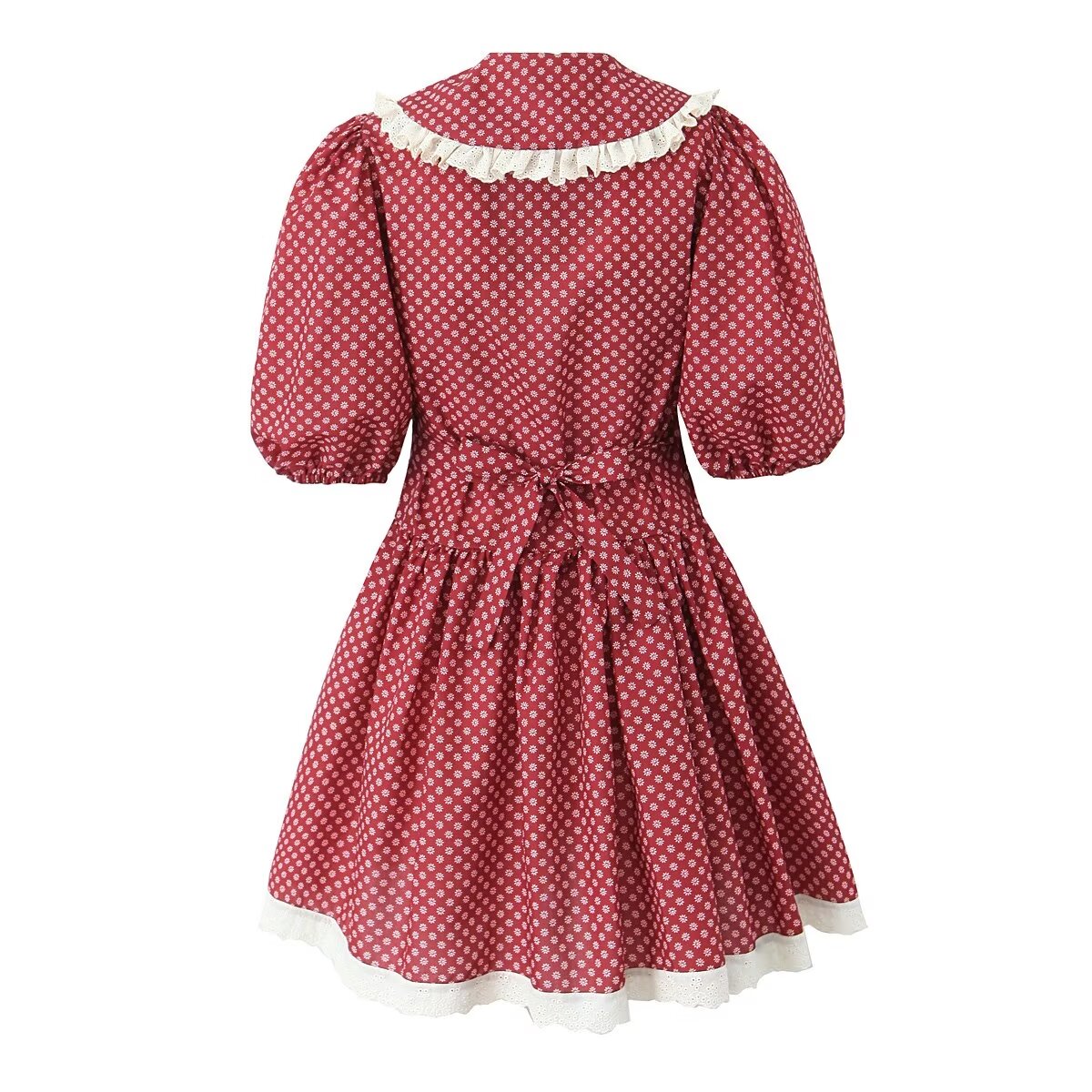 Women's Red French Peter Pan Collar Lace-Up Dress