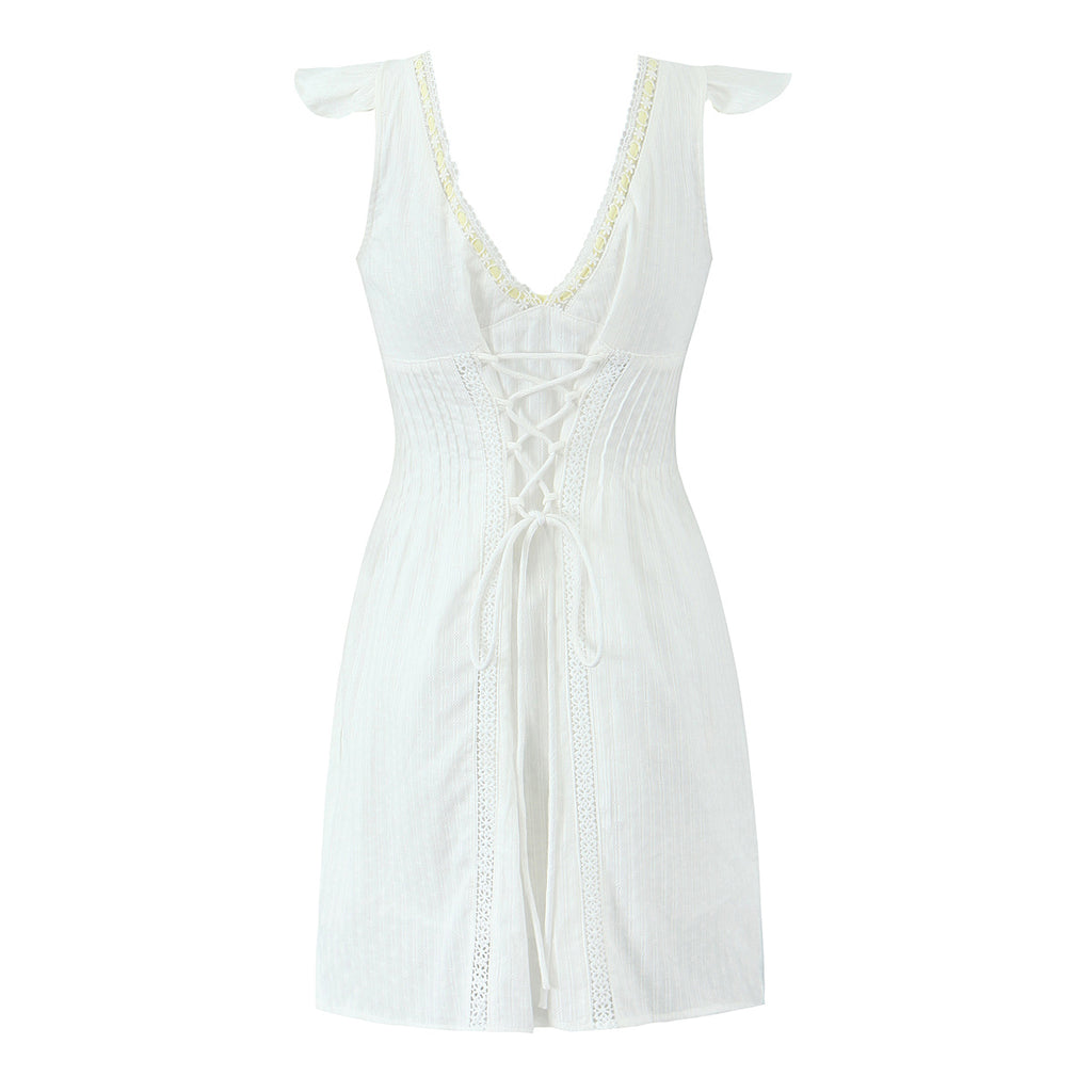 Lace-Up V-Neck A-Line Mini Dress