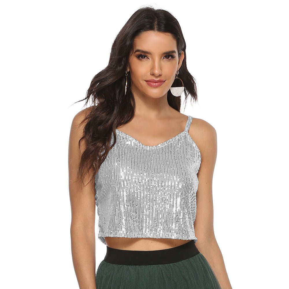 Women's Sequin V-Neck Cropped Camisole Top