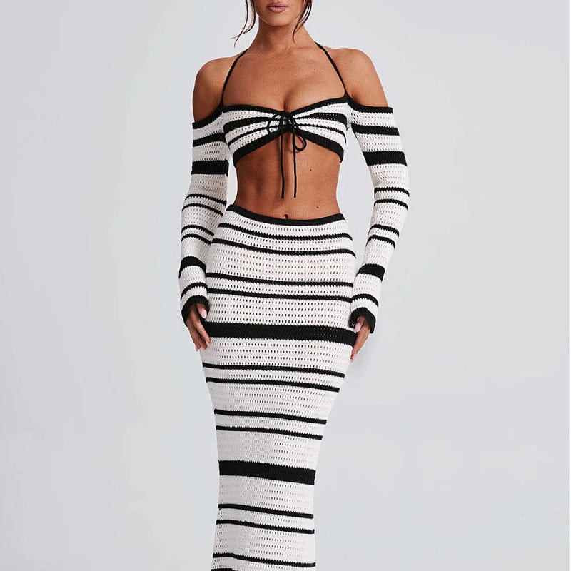 Women's Summer Striped Long Sleeve Halter Top Skirt Two-Piece Set For