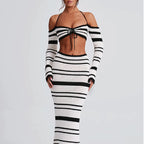 Women's Summer Striped Long Sleeve Halter Top Skirt Two-Piece Set For
