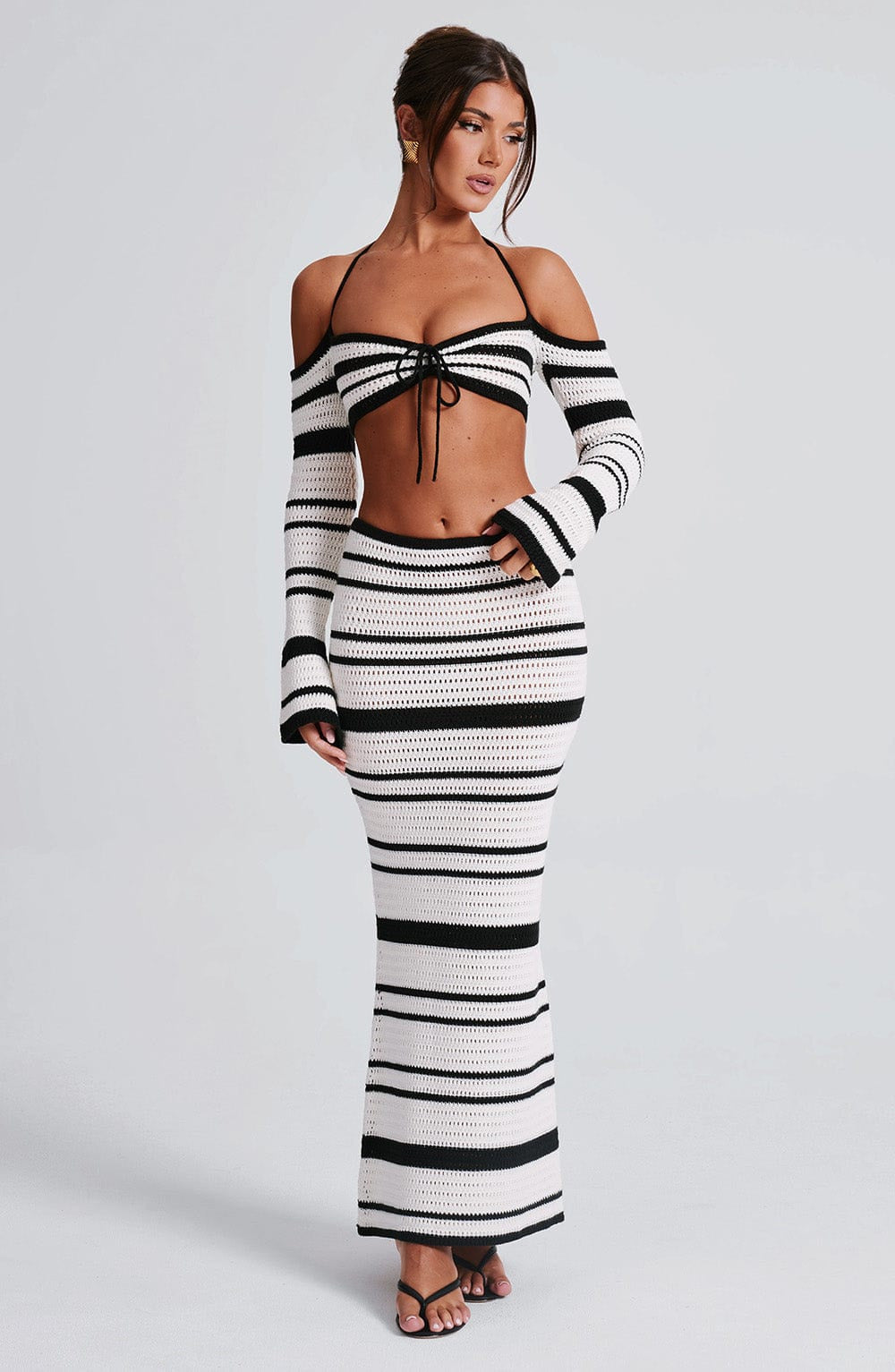 Women's Summer Striped Long Sleeve Halter Top Skirt Two-Piece Set For
