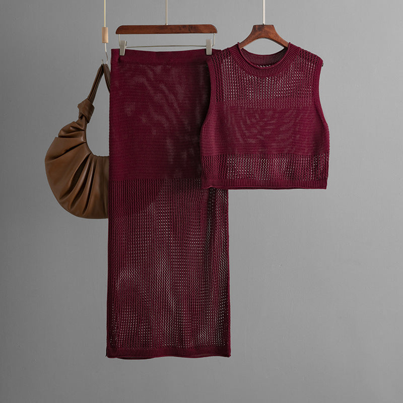 Women's Slim Hollow Out Cutout Vest and Skirt Two-Piece Set