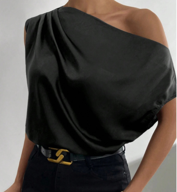 Women's Satin Asymmetric Shoulder Sleeveless Top
