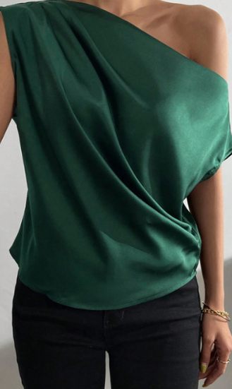 Women's Satin Asymmetric Shoulder Sleeveless Top
