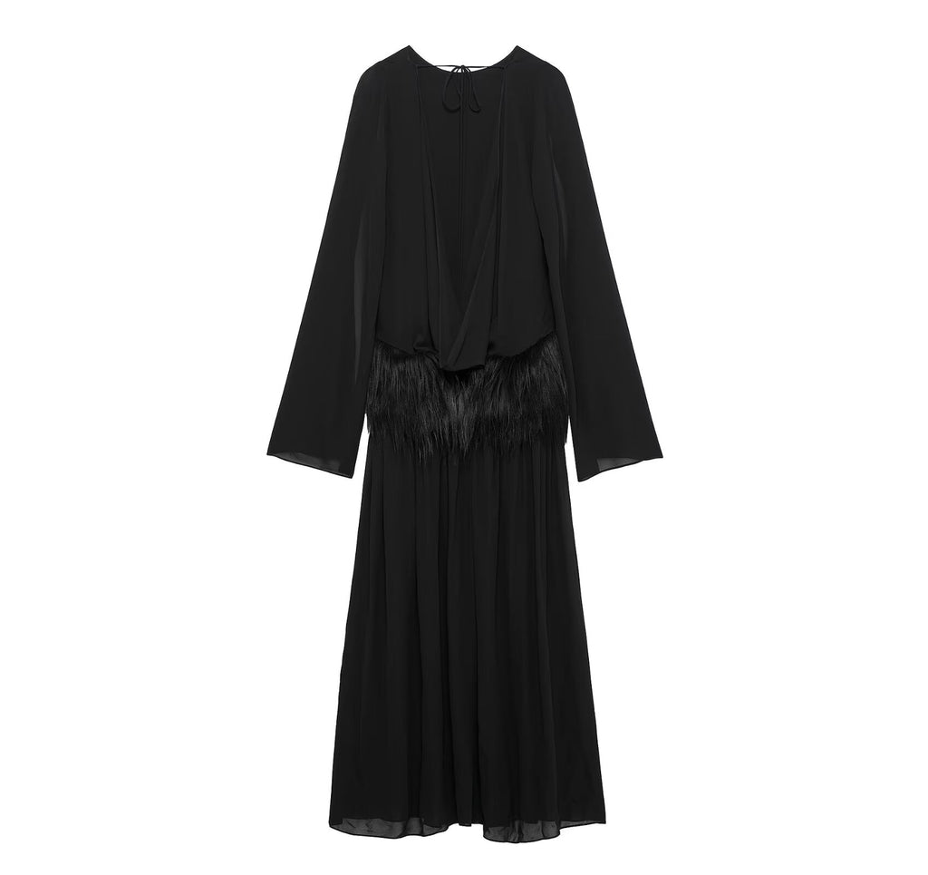 Women's Autumn Winter Artificial Fur Effect Belt Maxi Dress
