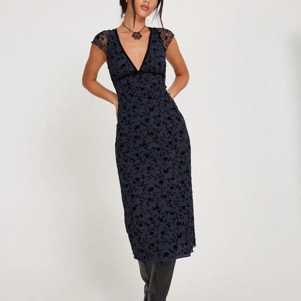 Retro V-Neck Short-Sleeve Mid Length Sweet Floral Flocking Dress