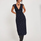 Retro V-Neck Short-Sleeve Mid Length Sweet Floral Flocking Dress