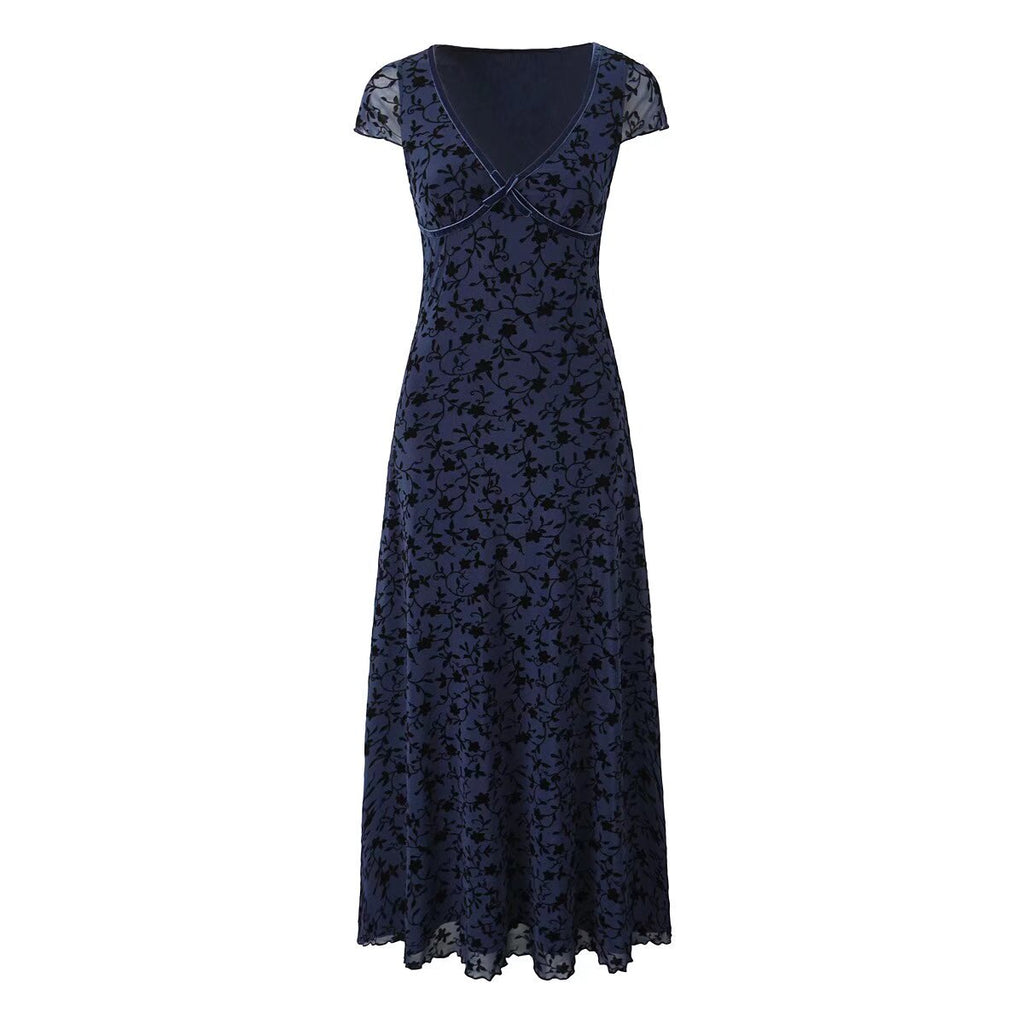 Retro V-Neck Short-Sleeve Mid Length Sweet Floral Flocking Dress