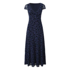 Retro V-Neck Short-Sleeve Mid Length Sweet Floral Flocking Dress