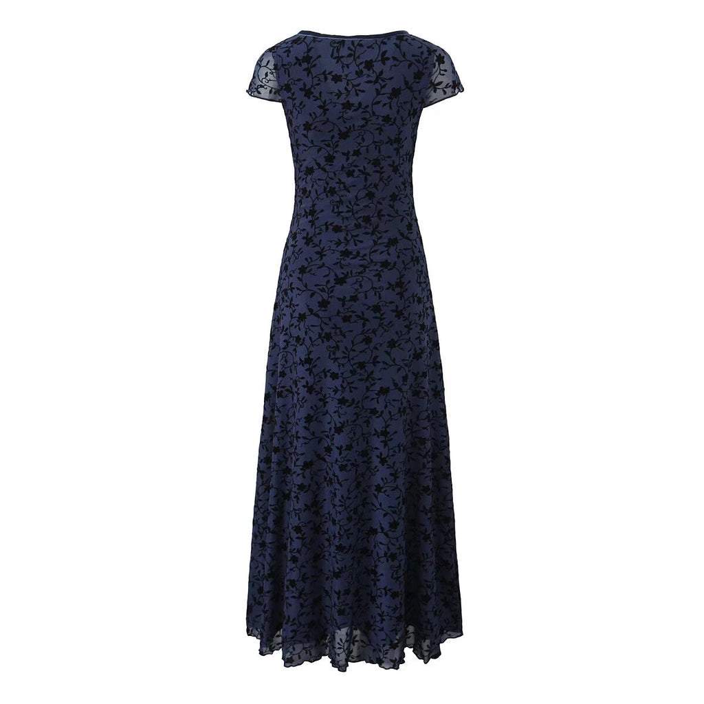 Retro V-Neck Short-Sleeve Mid Length Sweet Floral Flocking Dress