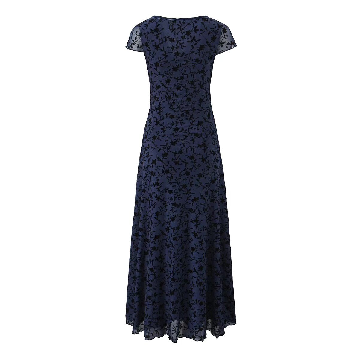Retro V-Neck Short-Sleeve Mid Length Sweet Floral Flocking Dress