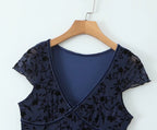 Retro V-Neck Short-Sleeve Mid Length Sweet Floral Flocking Dress