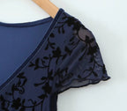 Retro V-Neck Short-Sleeve Mid Length Sweet Floral Flocking Dress