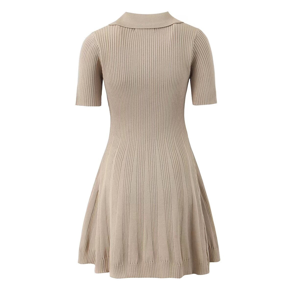 Women's Spring Women Clothes Polo Collar Design Slim Fit Slimming Waist Trimming Knitted Short Sleeve Deep V Plunge Neck Dress