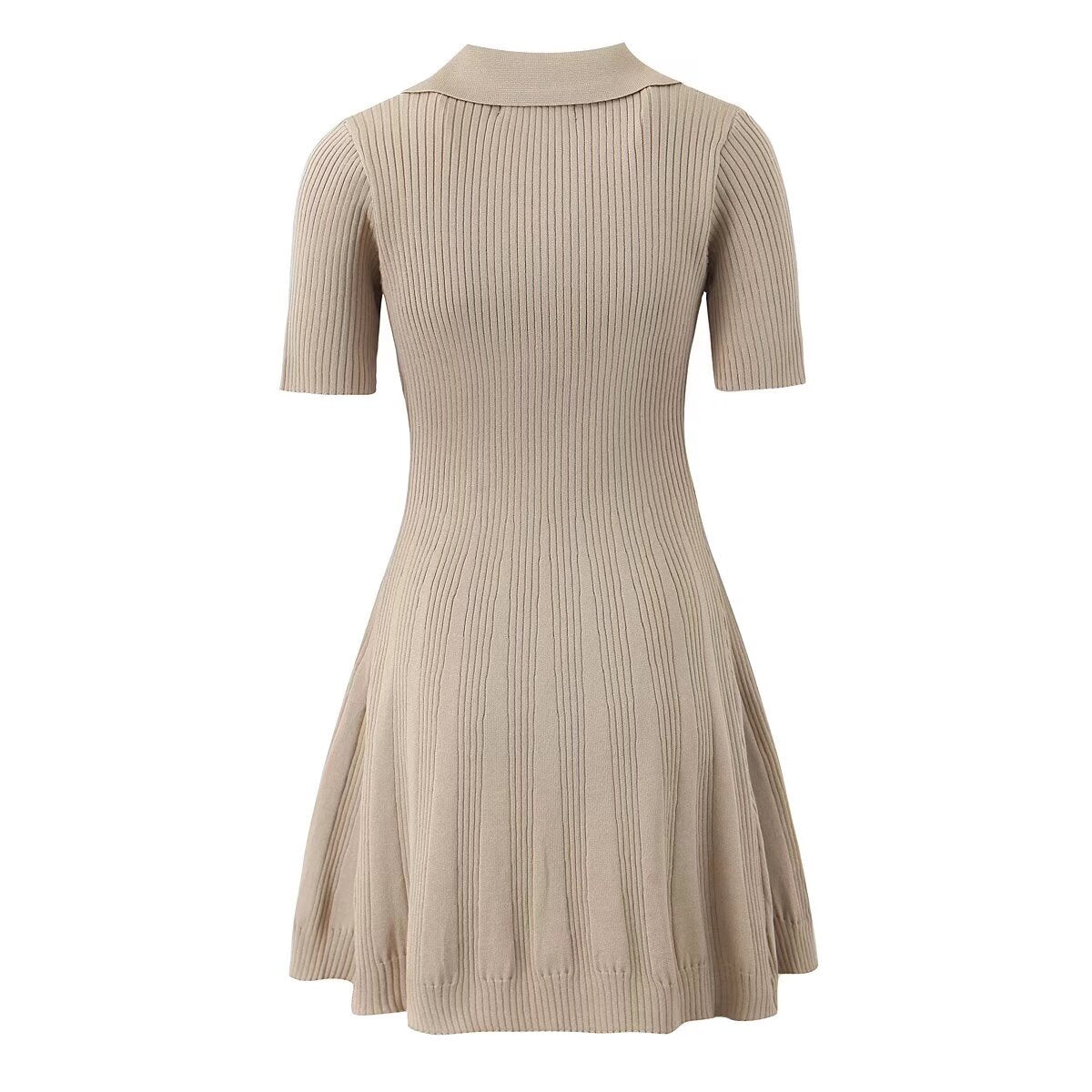 Women's Spring Women Clothes Polo Collar Design Slim Fit Slimming Waist Trimming Knitted Short Sleeve Deep V Plunge Neck Dress