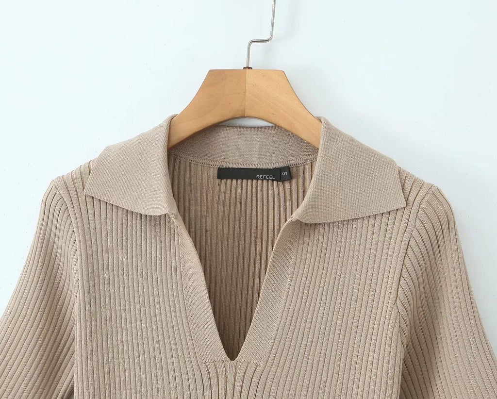 Women's Spring Women Clothes Polo Collar Design Slim Fit Slimming Waist Trimming Knitted Short Sleeve Deep V Plunge Neck Dress
