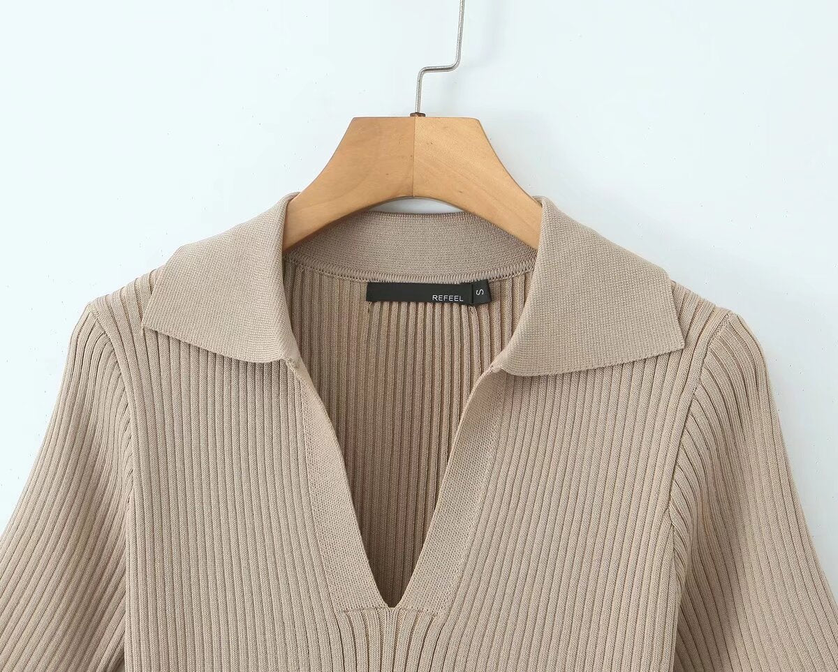 Women's Spring Women Clothes Polo Collar Design Slim Fit Slimming Waist Trimming Knitted Short Sleeve Deep V Plunge Neck Dress