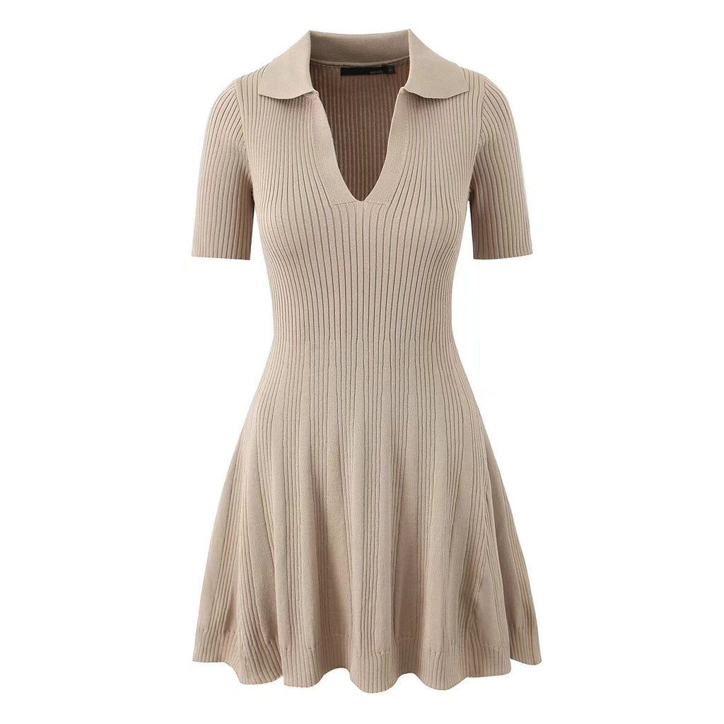 Women's Spring Women Clothes Polo Collar Design Slim Fit Slimming Waist Trimming Knitted Short Sleeve Deep V Plunge Neck Dress