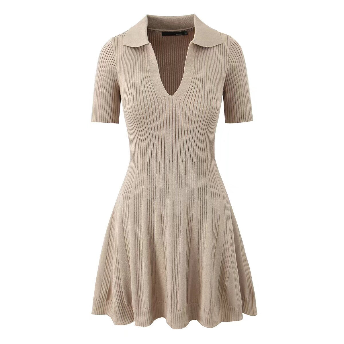 Women's Spring Women Clothes Polo Collar Design Slim Fit Slimming Waist Trimming Knitted Short Sleeve Deep V Plunge Neck Dress