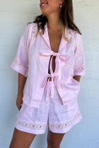 Summer Lace up Cutout Solid Color Short Sleeve Shirt Shorts Casual Two Piece Sets
