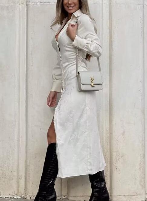 Spring Women Clothing Simple V neck Jacquard Drawstring Dress