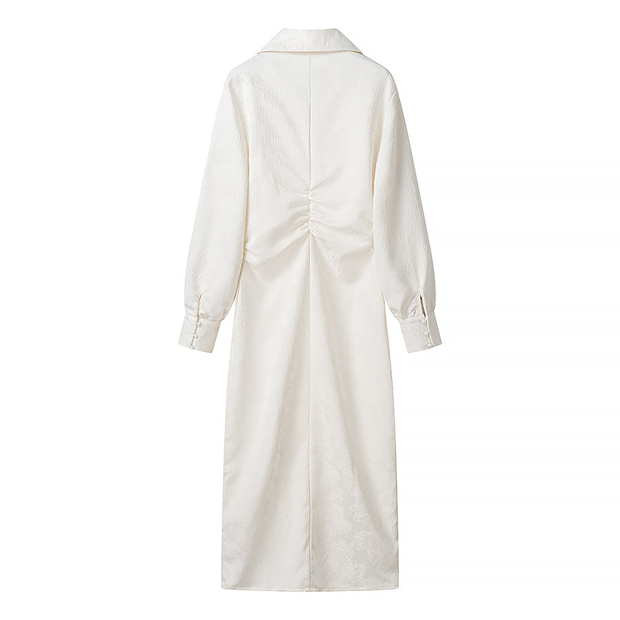 Spring Women Clothing Simple V neck Jacquard Drawstring Dress