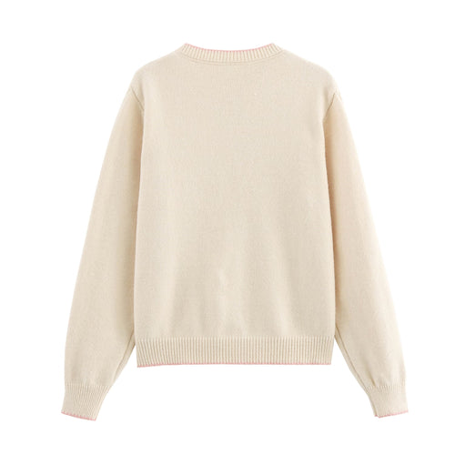3D Flower Color Contrast Hook Fried Dough Twists Round Neck Knitting Cardigan Coat