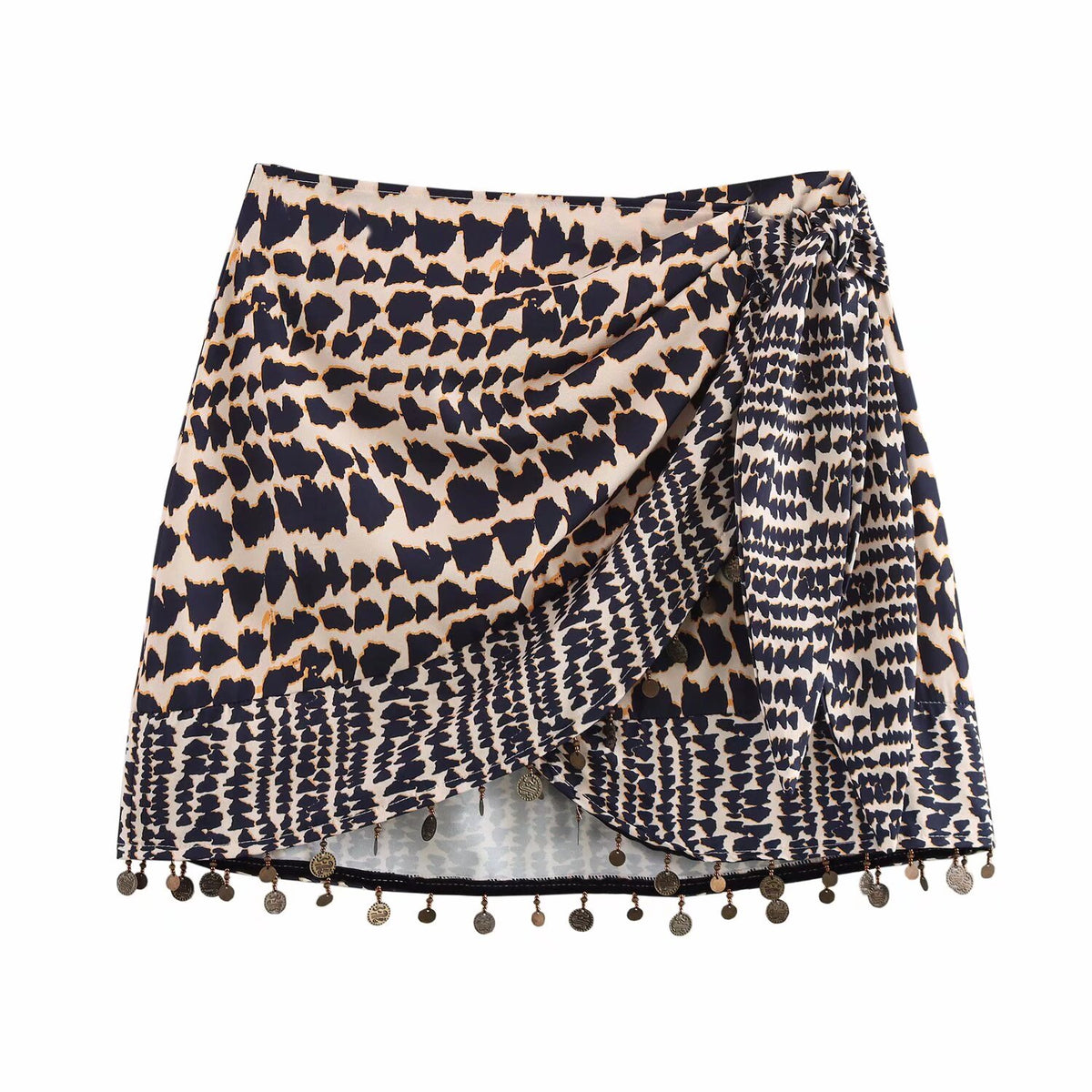 Retro High Waist Beaded Double Breasted Printed Skirt