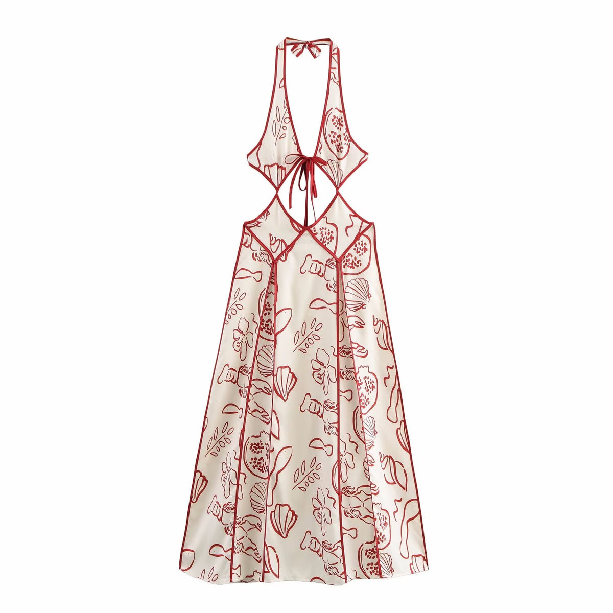 Women's Spring Women Clothing Elegant Printed V Neck Hollow Out Cutout Out Tied Vacation Dress