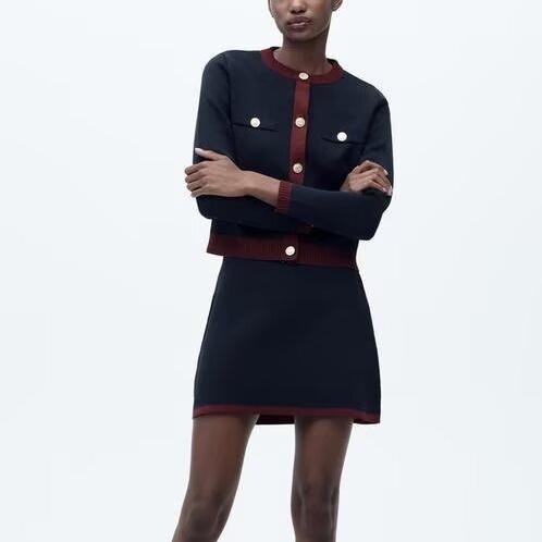 Women's Autumn Golden Breasted Round Jacket and Skirt Two-Piece Set