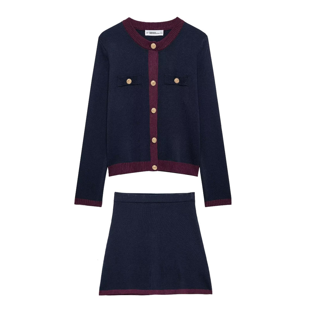 Women's Autumn Golden Breasted Round Jacket and Skirt Two-Piece Set