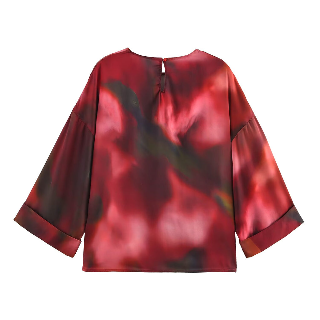 Women's Clothing Spring Printed Pullover Silk Satin Texture Round Neck Long Sleeve Shirt