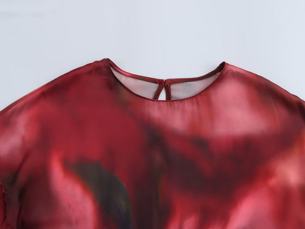Women's Clothing Spring Printed Pullover Silk Satin Texture Round Neck Long Sleeve Shirt