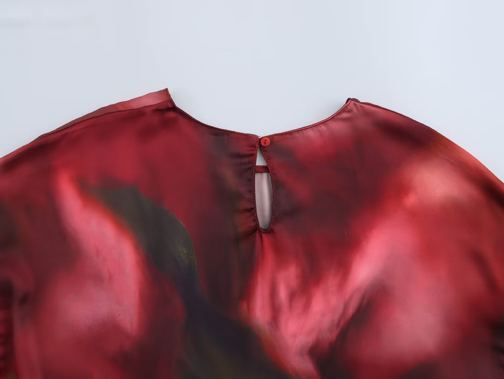 Women's Clothing Spring Printed Pullover Silk Satin Texture Round Neck Long Sleeve Shirt