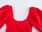 Women's Street Heart-Shaped Collar Puff Sleeves Top