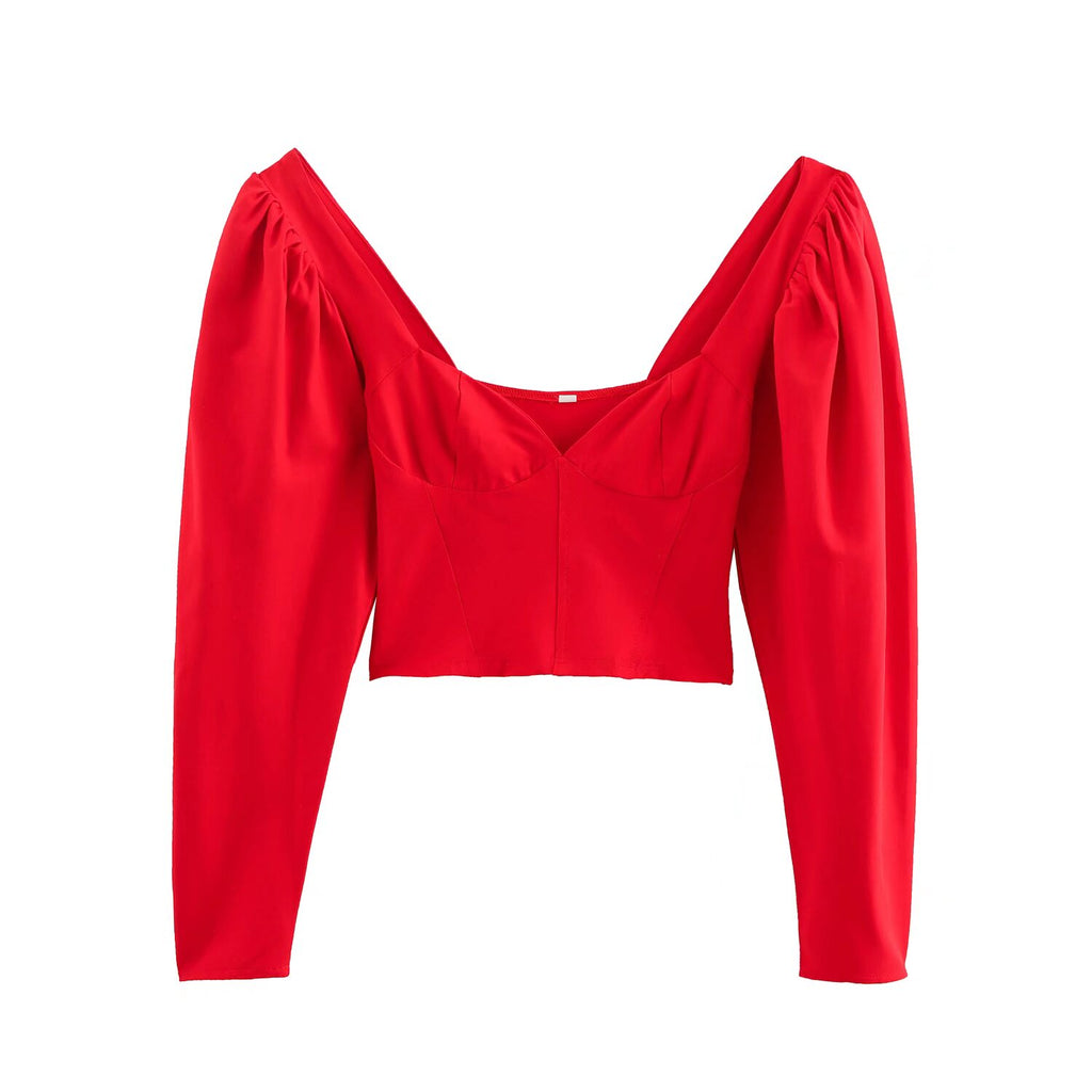 Women's Street Heart-Shaped Collar Puff Sleeves Top