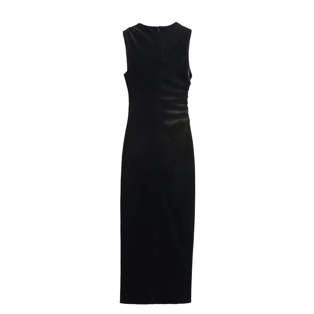 Velvet Asymmetric Ruched Bodycon Maxi Dress