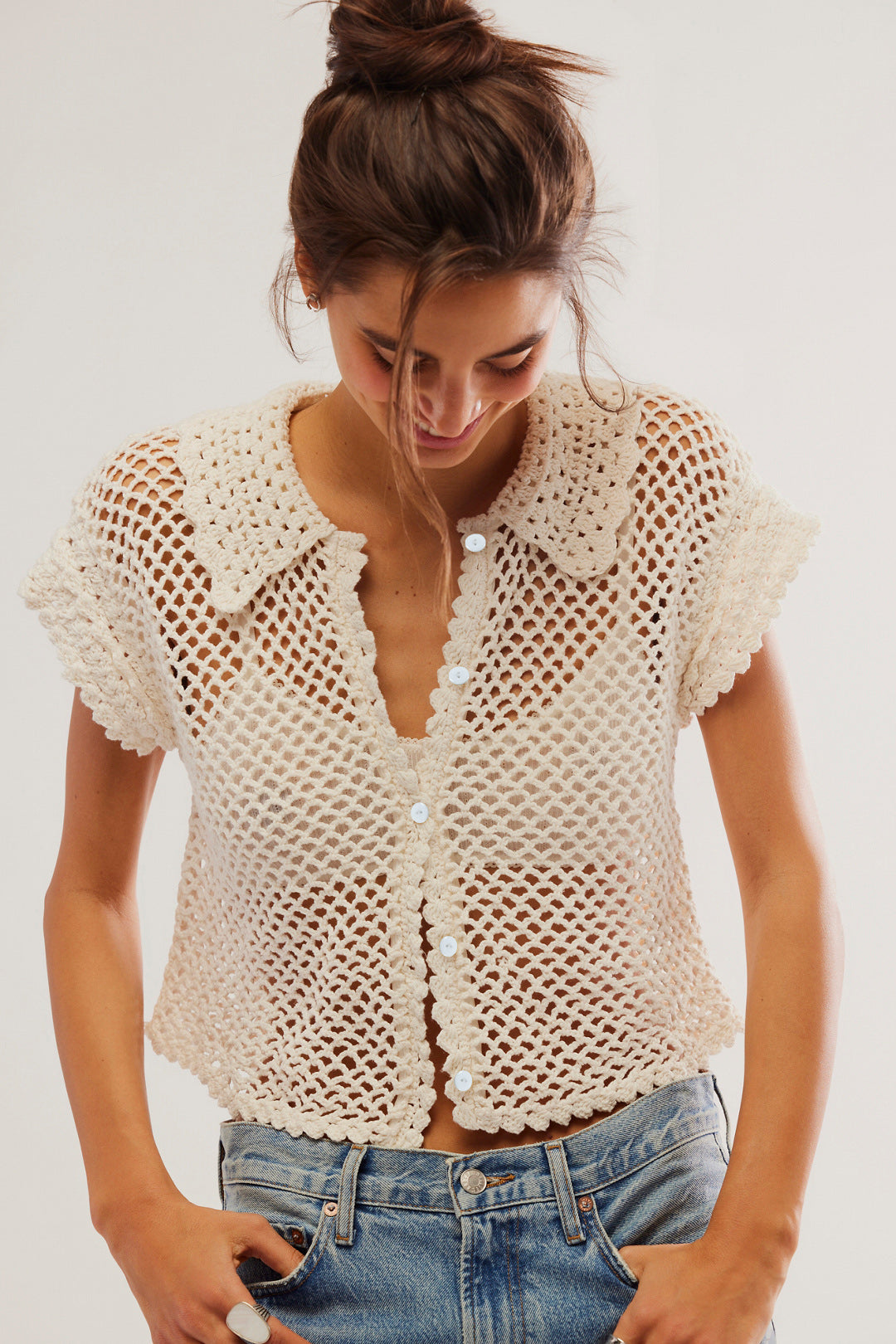 Women's Spring Summer Cardigan Women Short Sleeve Loose Lapels Solid Color Hollow Out Cutout Out Coat Women Knitwear